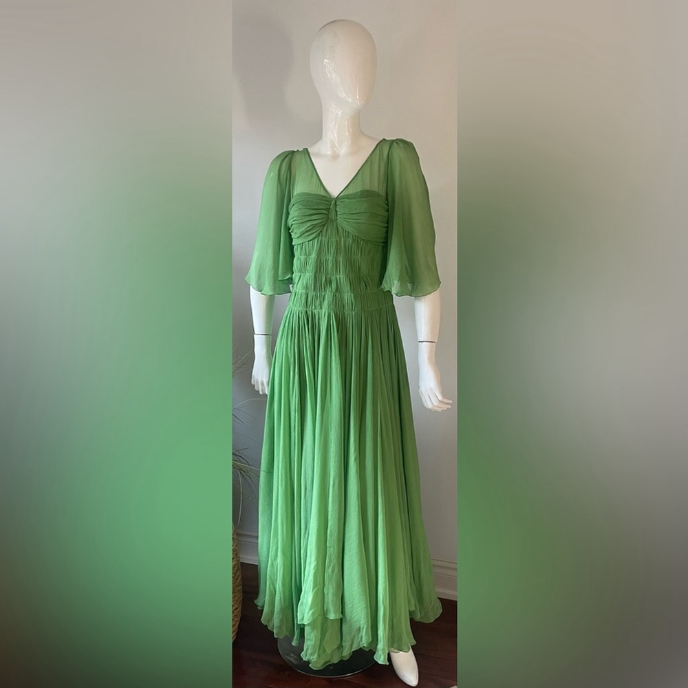 Chloé Gazon Green Silk Chiffon Ruched Maxi Dress T 42  us 6 Made in France - Picture 9 of 9